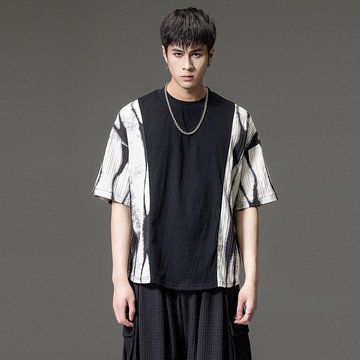 【推薦】水墨漸變印花短袖T恤 男士拼接上衣