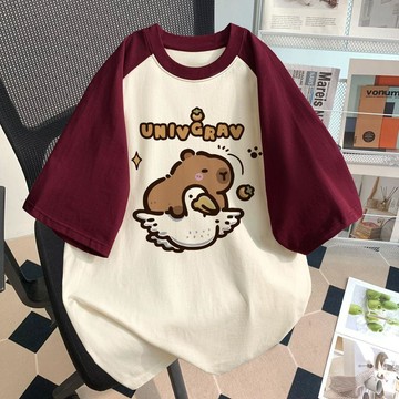 【臺灣-出貨】2025夏季新款女童卡皮巴拉插肩短袖T恤可愛洋氣學院風ins學生上衣DWF55