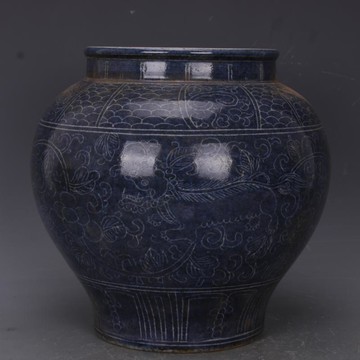 明嘉靖藍地留白穿花麒麟紋罐手工仿古老貨瓷器家居中式古玩擺件1入