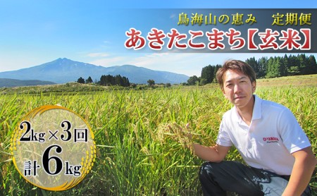 《定期便》2kg×3ヶ月 鳥海山の恵み！秋田県産 あきたこまち ひの米（玄米）計6kg（2kg×3回連続）