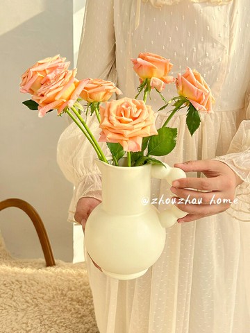 【可開發票】 宅配到府 花瓶 玻璃花瓶法式提手花瓶奶壺陶瓷花器擺件客廳臥室餐廳桌面樣板間裝飾ins風~優樂悅