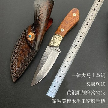 【热销】大馬士革鋼戶外小直刀露營吃肉手把肉刀野外狩獵生存刀便攜水果刀