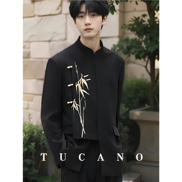 啄木鳥新中式國風繡花休閑西服男套裝寬松新郎結婚訂婚中山裝唐裝