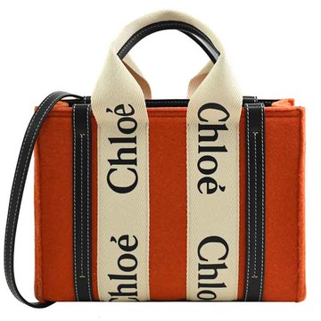 CHLOE Woody 經典織帶絨毛小款兩用托特包.火焰橘