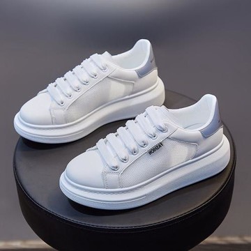 鞋子女2022春秋新款休閑軟皮運動情侶松糕鞋小白鞋女厚底透氣板鞋