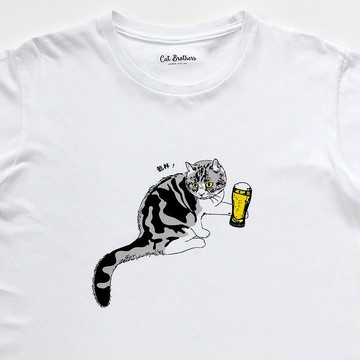 貓喝啤酒T卹，貓T卹，男女通用T卹，白色T卹