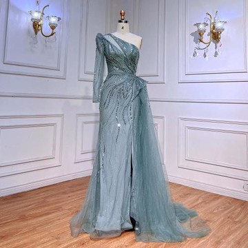 【女婚紗禮服】單肩長袖開叉魚尾長裙輕奢氣質名媛宴會主持人禮服LA72062