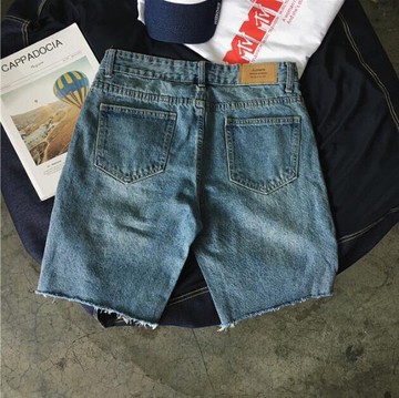 FINDSENSE MD 韓國 休閒 時尚 男 複古 水洗 原色藍色 破洞 直筒寬鬆 休閒短褲 牛仔短褲