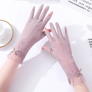 蕾絲薄款防曬手套女夏季開車騎行彈力透氣漏兩指觸屏冰絲涼感彈性