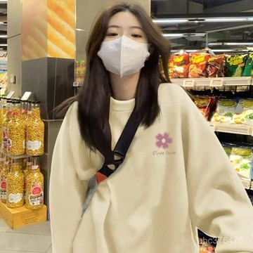 免運  粉色花朵 印花 衛衣女 春秋款 寬鬆  長袖上衣 大學T 圓領 刷毛