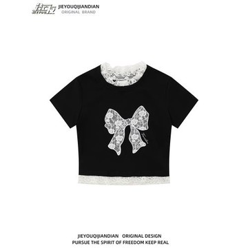 辣妹風小眾設計感蝴蝶結蕾絲拼接短款正肩短袖T恤女顯瘦修身上衣