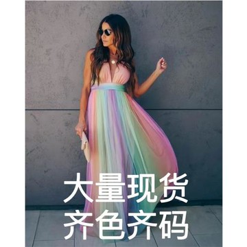2022春夏新 歐美跨境外貿女跨境新吊帶性感深V彩虹網紗吊帶連衣裙