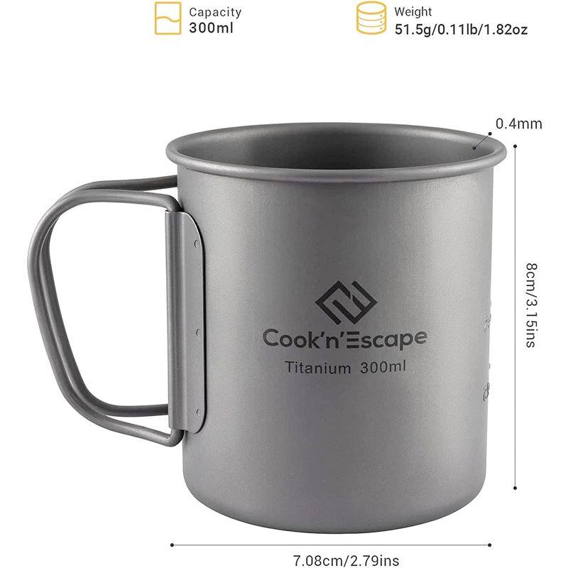 COOK N ESCAPE チタン マグカップ アウトドアマグカップ 300ml 超軽量 頑丈 直火 シングルマグ 折りたたみハンドル付き 専用収納袋付