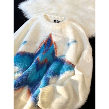 KKyesiou北極絨蓬松星星美式情侶針織衫男女復古學院風加厚白毛衣