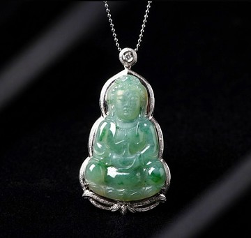 冰種飄綠花寶瓶觀音菩薩項鍊18K金鑽石 | 天然緬甸翡翠A貨 | 送禮