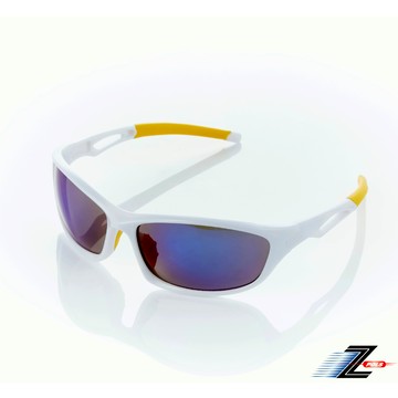 【Z-POLS】有型質感白全框設計 搭配電鍍七彩藍強化PC片運動太陽眼鏡(抗紫外線UV400)