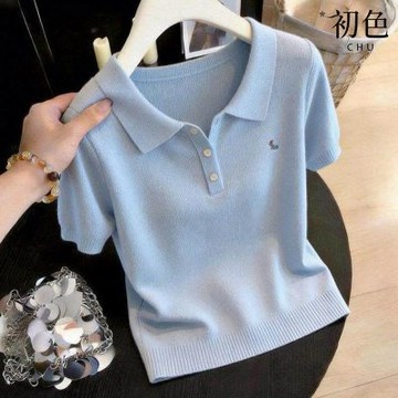 初色 純色休閒POLO領短袖T恤針織衫POLO衫寬鬆上衣女上衣-藍色-50054(F可選)