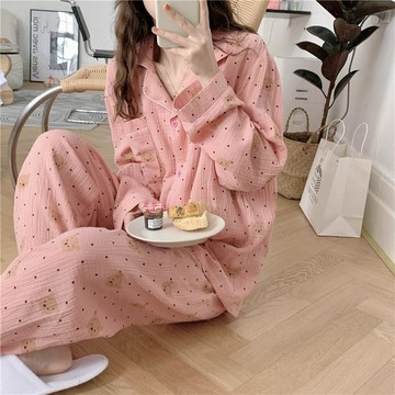 超舒服☁️⁠⁠⁠⁠嬰兒棉感長袖長褲睡衣 韓系ins風春秋薄款居家服 開衫舒適學生睡衣套裝 寬鬆睡衣 可愛睡衣 休閒服
