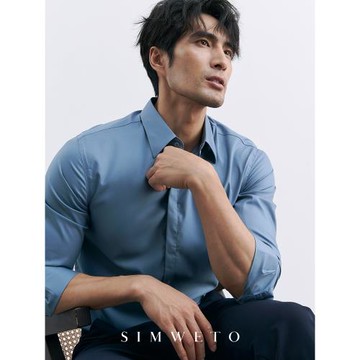 秋季商務紳士 經典款藍色襯衫男士休閑免燙冰絲垂感純色長袖襯衣