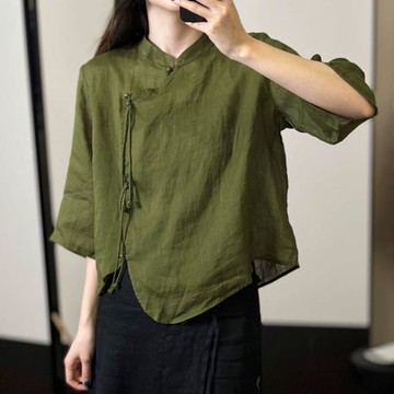 夏季新款復古新中式國風薄款斜襟飄帶包扣顯瘦苧麻立領襯衣小衫女