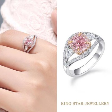 King Star GIA 一克拉 18K金 粉鑽豪華滿鑽戒指 無螢光(枕型花式車工)