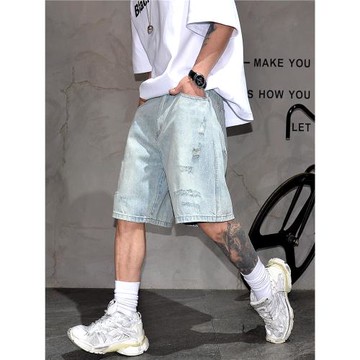 淺藍色水洗破洞牛仔短褲男潮牌寬松直筒五分褲美式休閑百搭中褲子