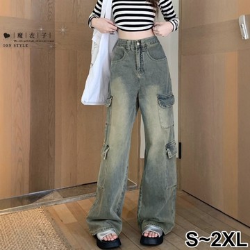 【QV5123】魔衣子-復古水洗口袋造型寬鬆牛仔褲