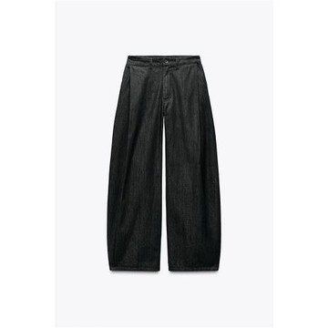 2026春季新款時髦寬松松弛感煤灰棉質牛仔效果中腰褶褲女6929213