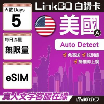 LinkGO白鑽卡 美國A eSIM卡 5天上網卡 無限流量吃到飽 高速流量(美國網卡 舊金山 洛杉磯 紐約 西雅圖)