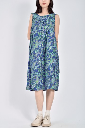 加購優惠(L) 質感削肩無袖滿版印花藍色洋裝