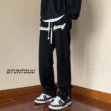 休閑褲子男春秋復古潮牌刺繡拉鏈開叉衛褲美式高街寬松直筒運動褲