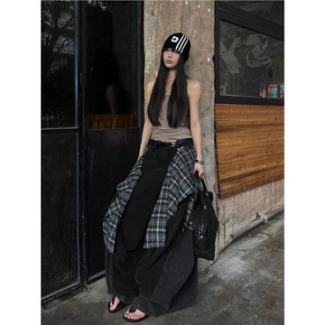 RELABEL 立體構成（延伸形態）可拆卸格紋屁簾水洗大廓型牛仔褲