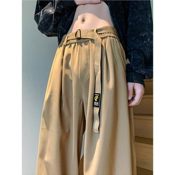 卡其色褲子男秋季日系復古寬松大碼闊腿直筒高街潮牌休閑運動長褲