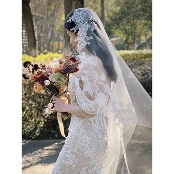 新款蕾絲頭紗復古包頭新娘婚紗結婚頭飾新娘造型頭紗森系單層韓式