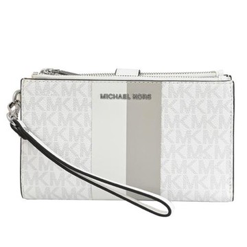 MICHAEL KORS JET SET 印花條紋手提式雙拉鍊中長夾.白/灰