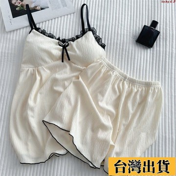 ⚡免運🌸時尚女裝⚡蕾絲甜美帶胸墊吊帶睡衣女夏款棉質短褲無袖兩件套薄款家居服夏天