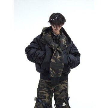 ArguE CulturE冬季小眾迷彩連帽拼接設計感飛行夾克寬松重磅棉服