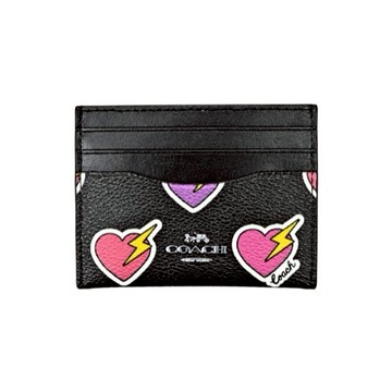 [平輸版] 【COACH】彩色愛心印花PVC拼接黑色素面皮革雙面三卡名片夾/證件夾票卡夾 真品平輸