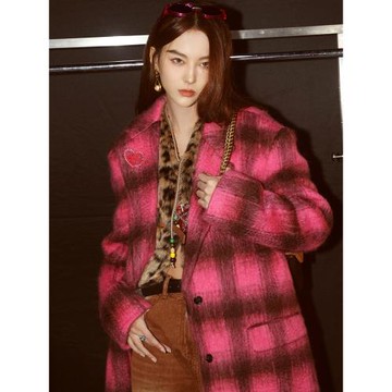 韓國秋冬寬松大碼格子毛呢外套女中長款過膝呢子大衣西裝小個子