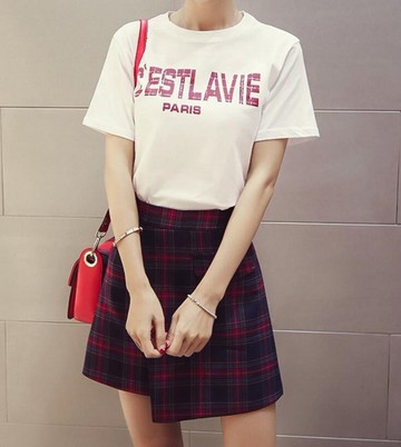 FINDSENSE MD 韓國時尚 女 寬鬆 字母印花短袖T恤 高腰格子短裙 兩件套 短T+裙子