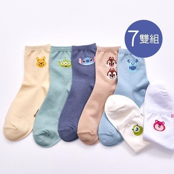 Disney 迪士尼大臉系列中筒襪 史迪奇 米奇 米妮 小熊維尼 熊抱哥22-26cm-7雙組