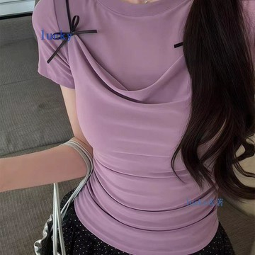 買到賺到🌷設計感小衆純欲短袖t恤女夏季蝴蝶結褶皺修身顯瘦假兩件小衫上衣