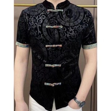 2025夏季新款中國風唐裝短袖男潮牌時尚休閑金絲絨盤扣修身T恤衫