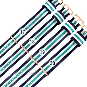 Watchband / DW 各品牌通用 鍍玫瑰金不鏽鋼扣頭 尼龍錶帶 藍x白x綠
