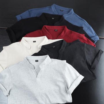 純棉！升級華夫格日系V領T恤外貿短袖純色立領青春免燙流行潮男裝