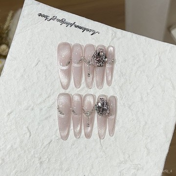 🎀可可精選🎀【暮光雪】桃汐裏溫柔薔薇粉水光貓眼法式鏈條K9柔光粉堆鑽穿戴甲手工穿戴甲顯白美甲片百搭美甲貼片 C3QG