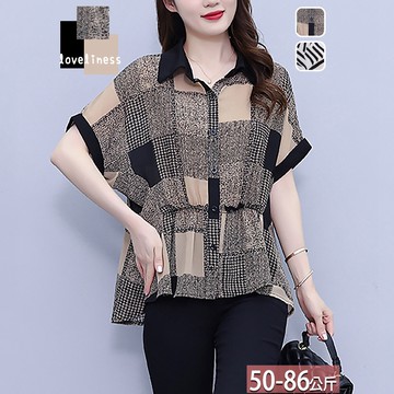 雪紡上衣翻領格紋斑馬紋印花皺褶插肩袖(2色) L-5XL【822062X】【現+預】☆流行前線☆