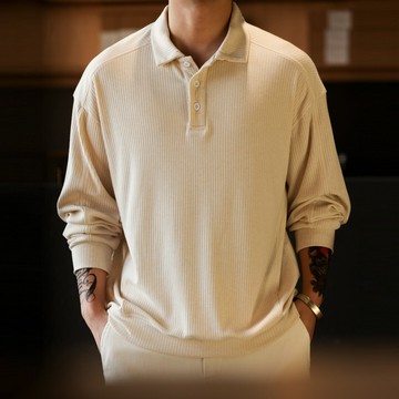 Wuluwear 立體條絨肌理感長袖polo衫美式休閒馬鞍肩翻領打底衫春
