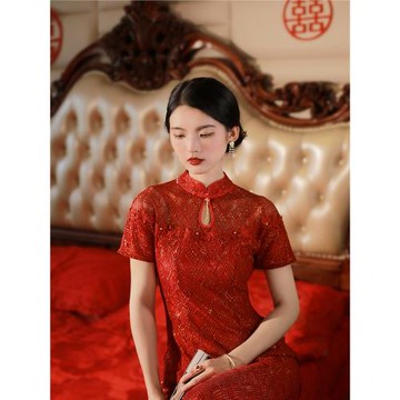 槿爺妝記2024年夏新款蕾絲魚尾敬酒服改良旗袍敬禮服訂婚連衣裙女