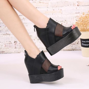 韓版夏季網紗內增高坡跟涼鞋女新款百搭顯瘦高跟松糕厚底魚嘴鞋女